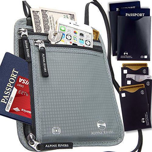 RFID neck wallet compartments for passport, cards, and phone