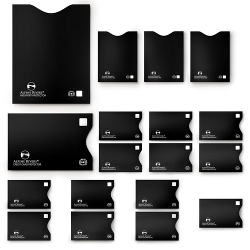 Black RFID blocking card sleeves, top-load, 14 card sleeves plus 4 passport sleeves