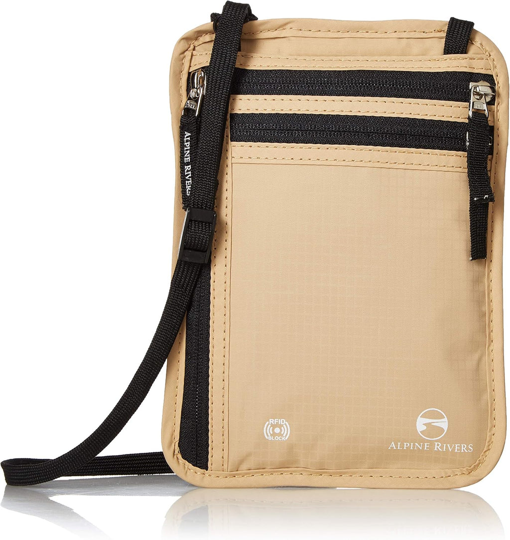 Alpine Rivers Sahara Sand RFID neck wallet with adjustable strap, front view.