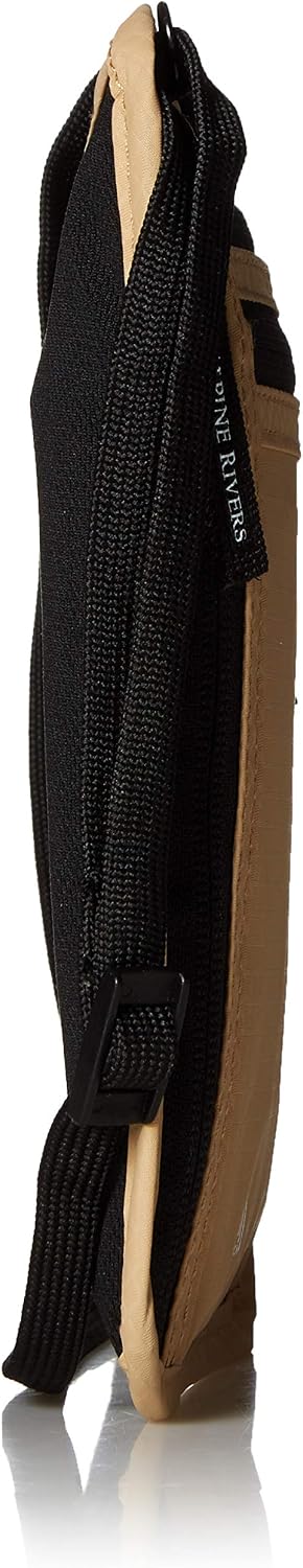 Side profile showing the slim depth of the neck wallet.