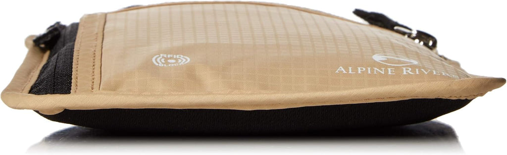 Top-down view of the neck wallet's zipped main compartment.