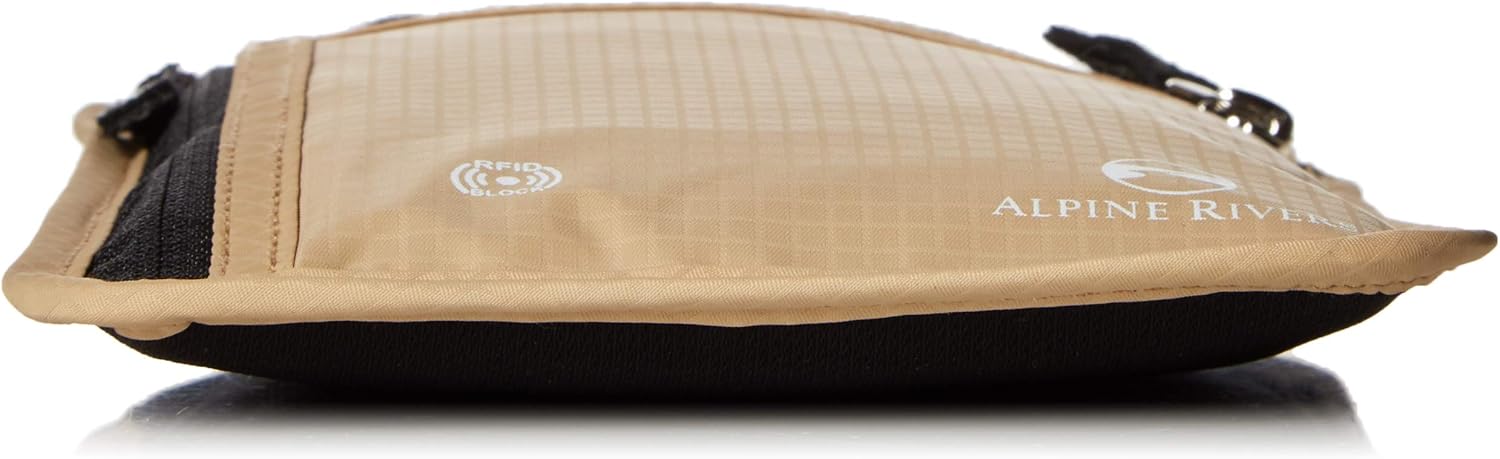 Top-down view of the neck wallet's zipped main compartment.