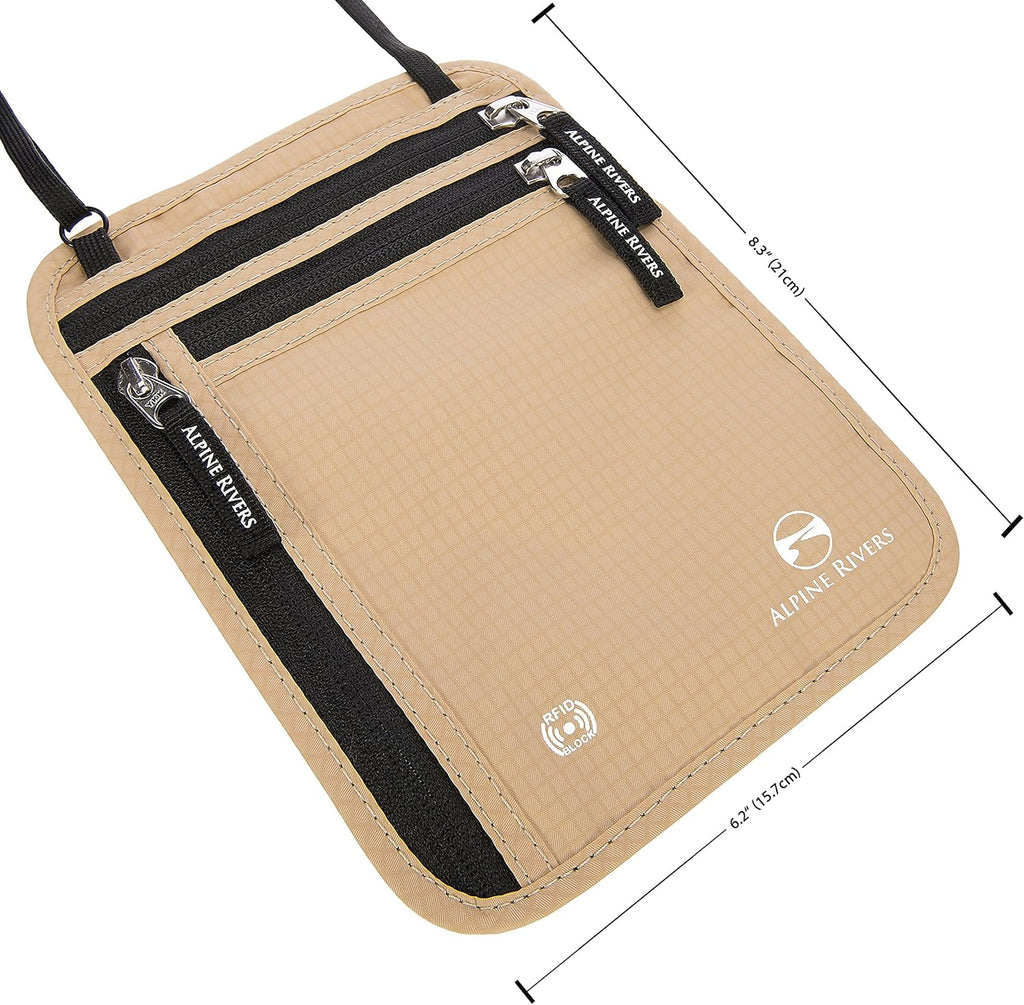 Neck wallet dimensions shown with measurement guides.