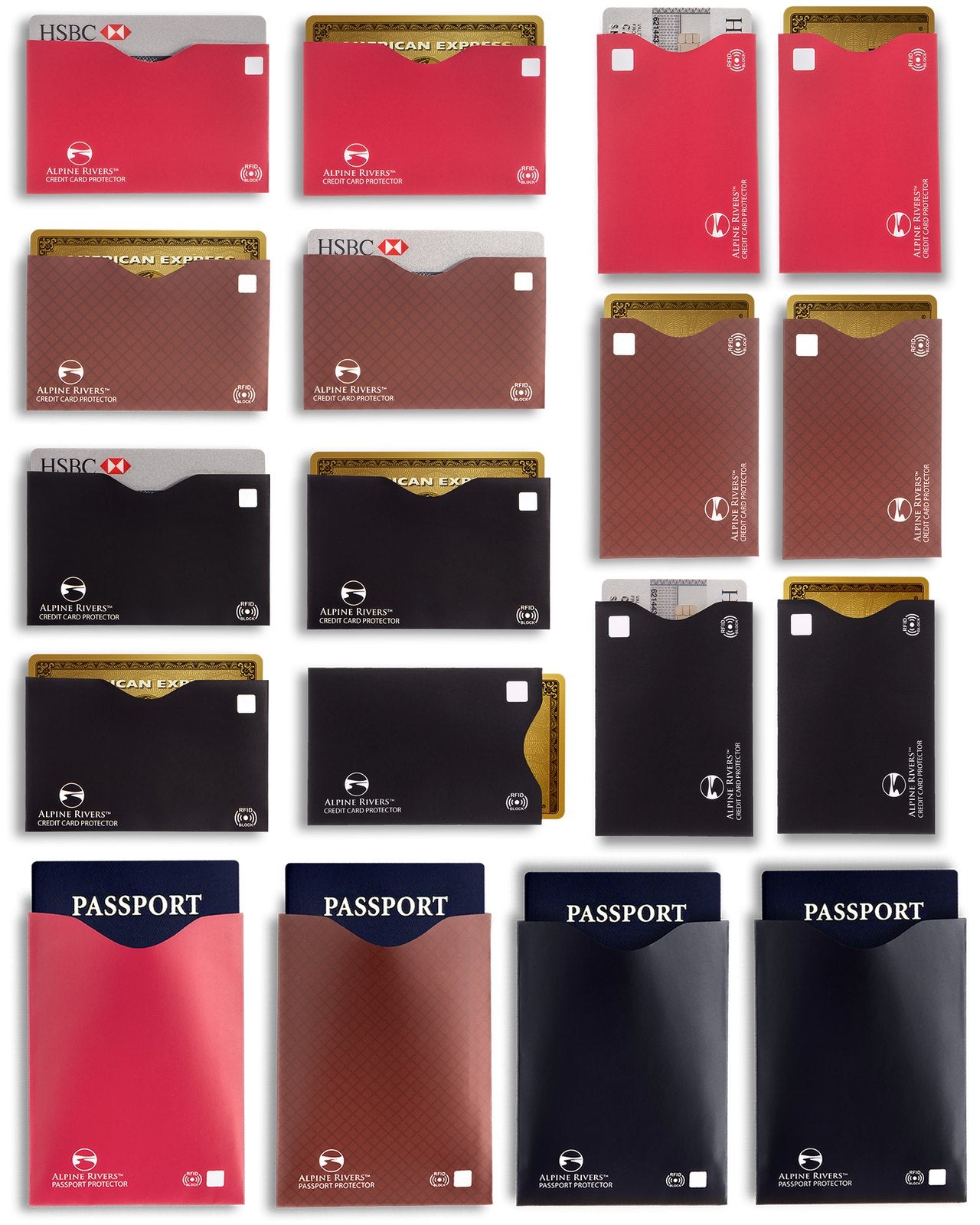 Alpine Rivers multi-colour RFID blocking sleeves, Versatile pack, side-load and top-load