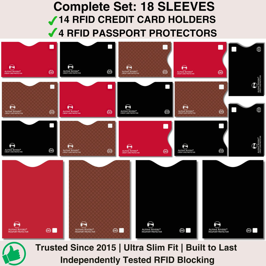 Alpine Rivers multi-colour RFID blocking sleeves, Versatile pack, side-load and top-load