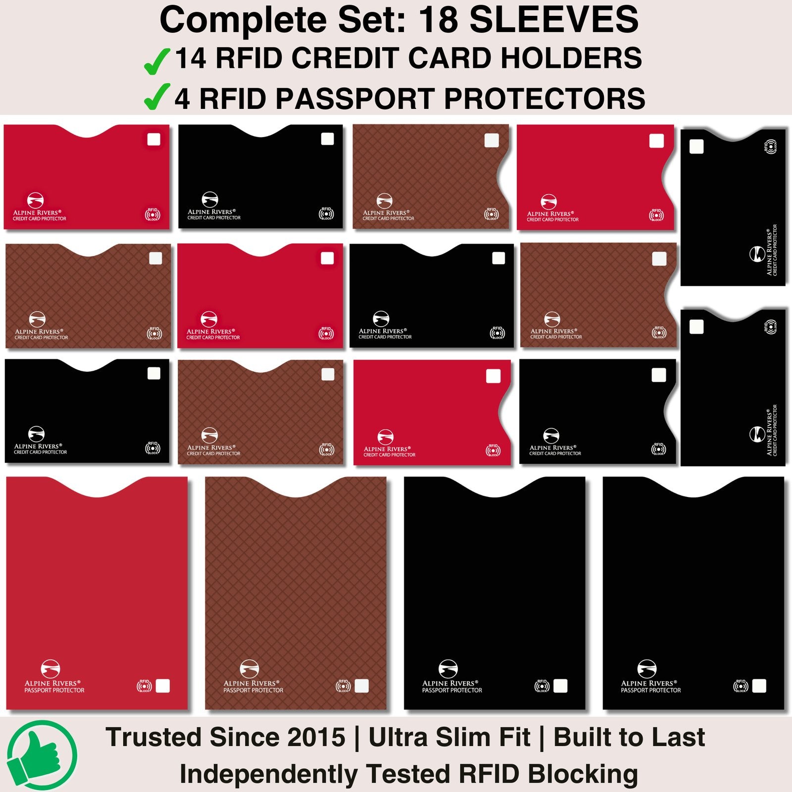 Alpine Rivers multi-colour RFID blocking sleeves, Versatile pack, side-load and top-load