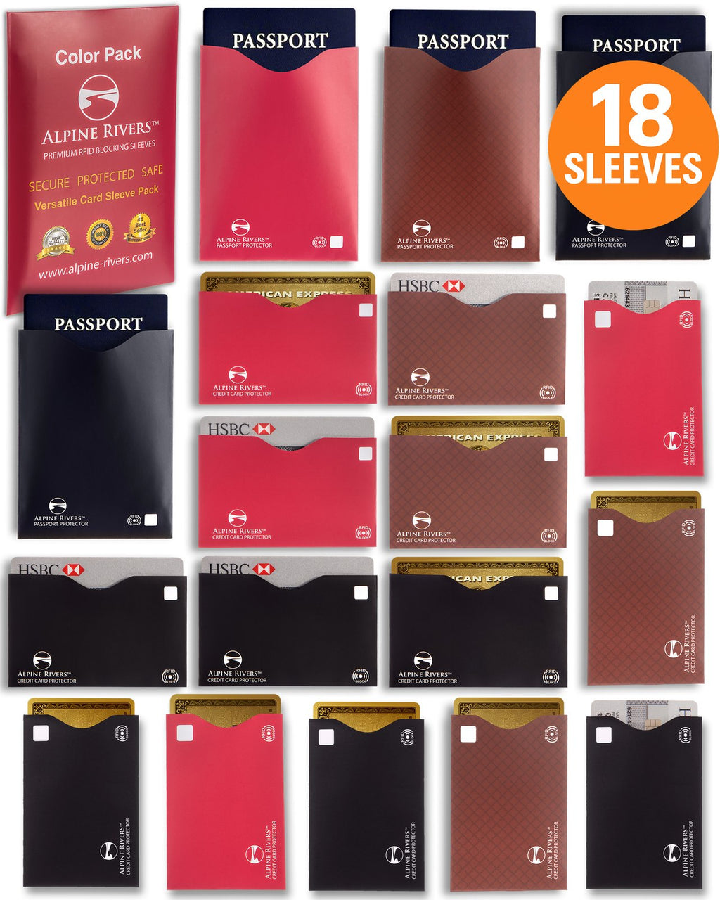 Alpine Rivers multi-colour RFID blocking sleeves, Versatile pack, side-load and top-load