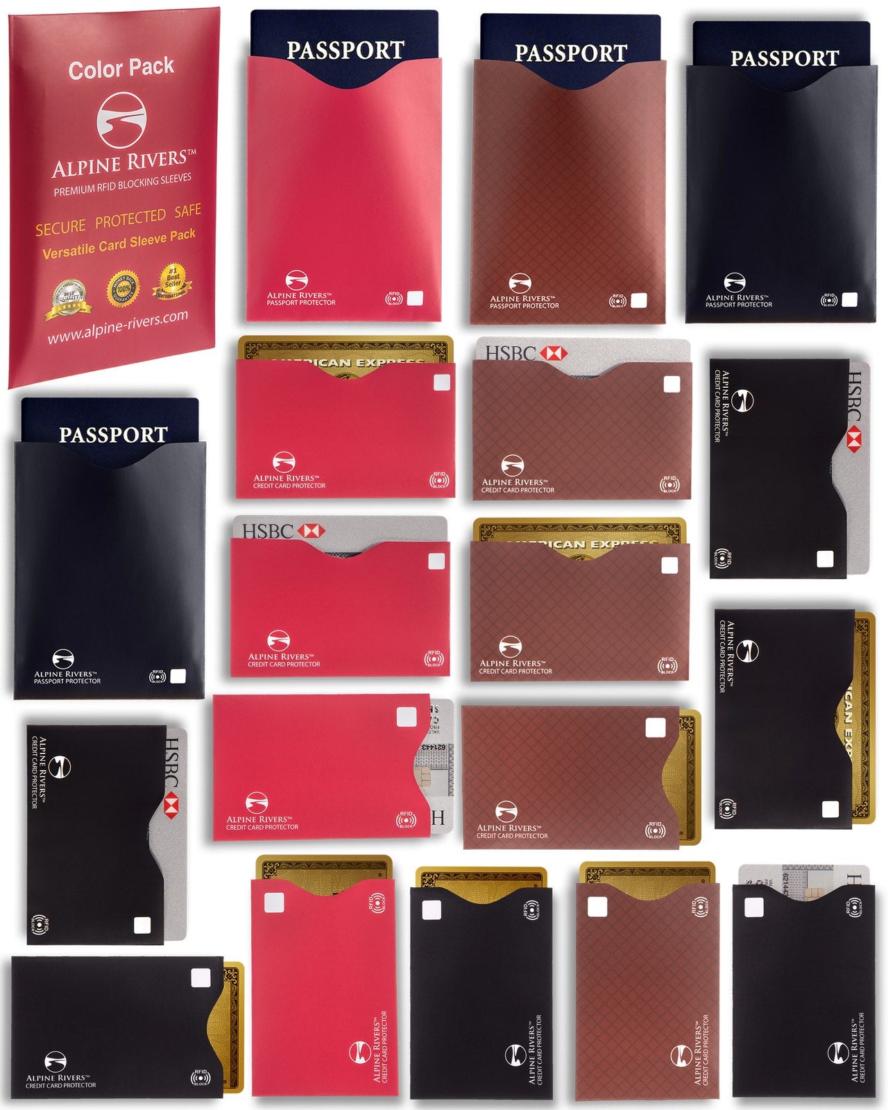 Alpine Rivers multi-colour RFID blocking sleeves, Versatile pack, side-load and top-load