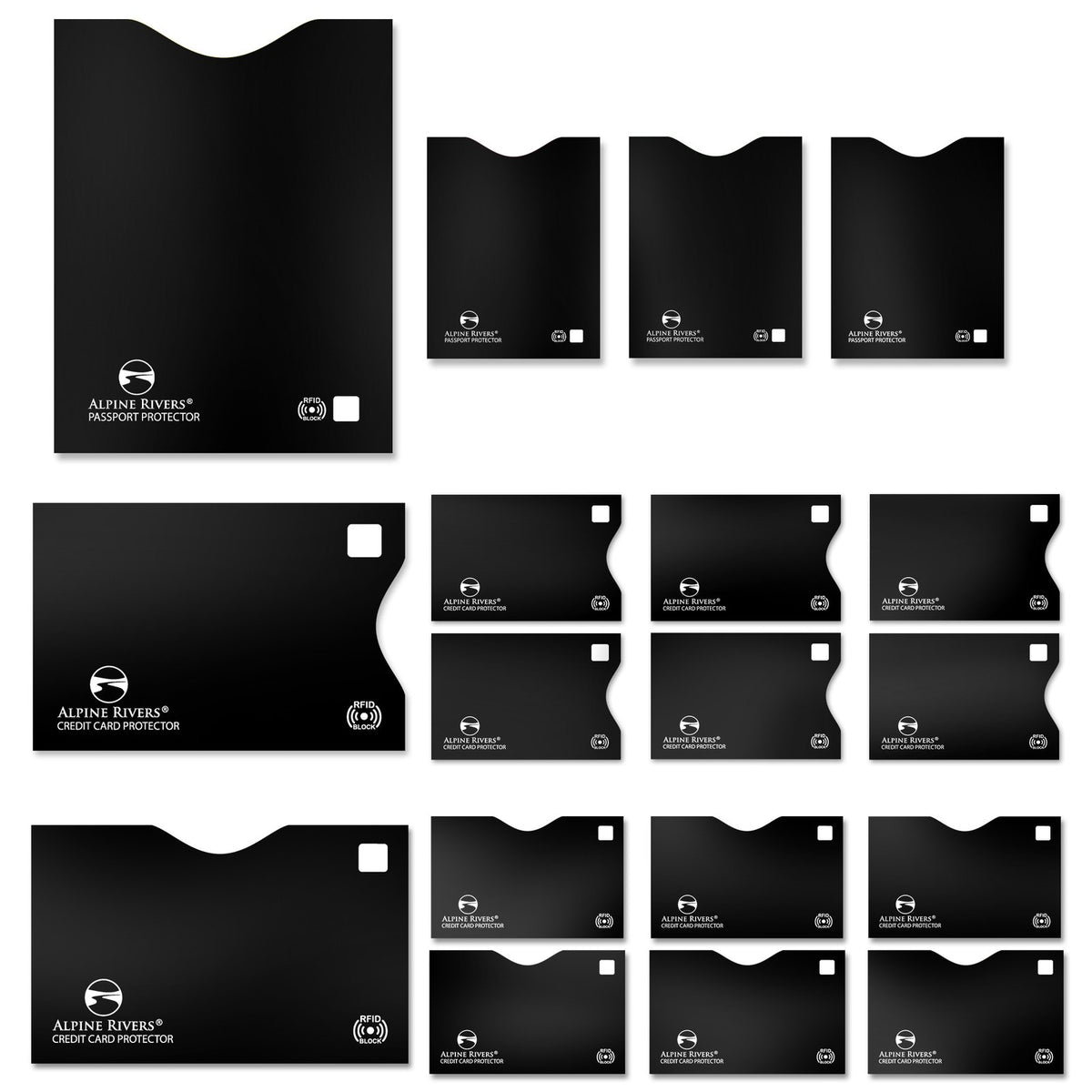 Alpine Rivers black RFID blocking sleeves, Versatile pack, side-load and top-load