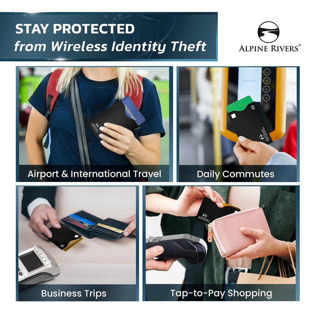 Alpine Rivers black RFID blocking sleeves, Versatile pack, side-load and top-load