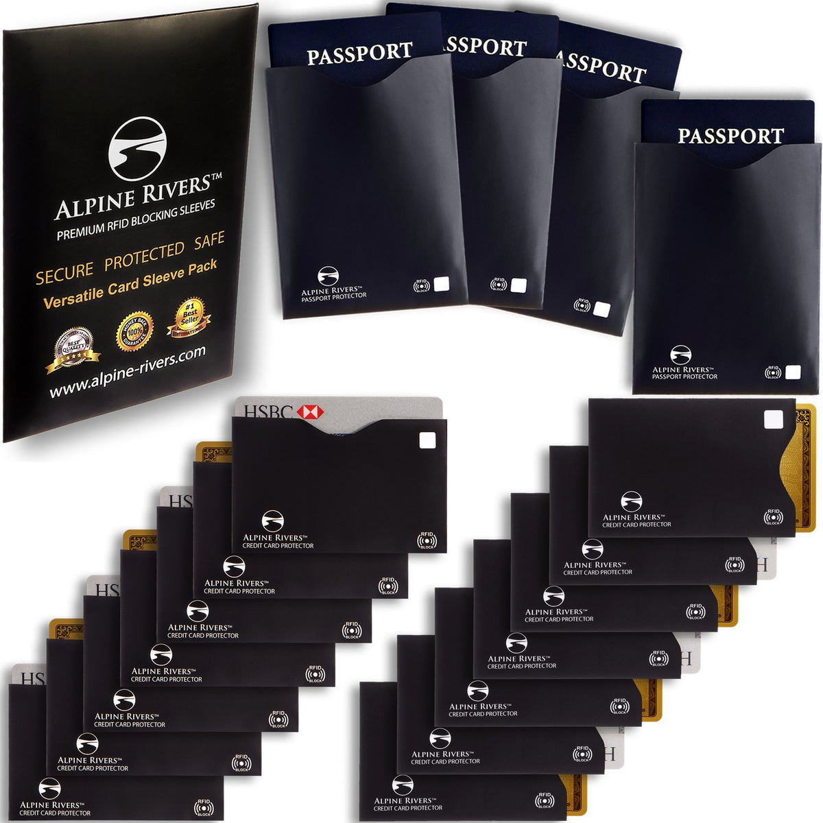 Alpine Rivers black RFID blocking sleeves, Versatile pack, side-load and top-load