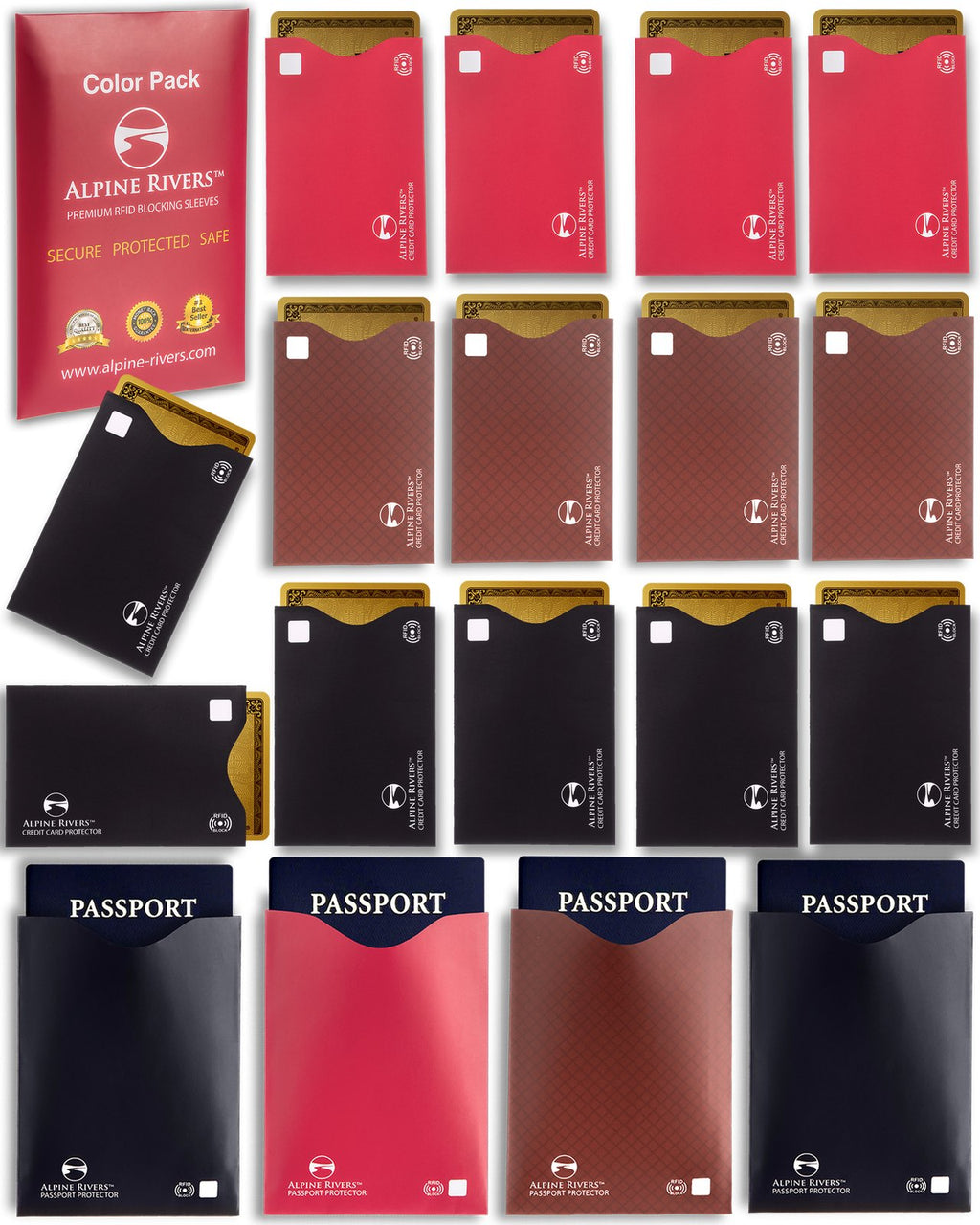 Alpine Rivers multi-colour RFID blocking sleeves in red, black and brown