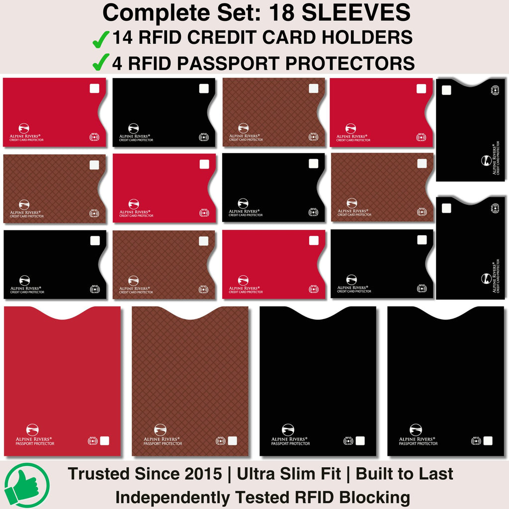 Alpine Rivers multi-colour RFID blocking sleeves in red, black and brown