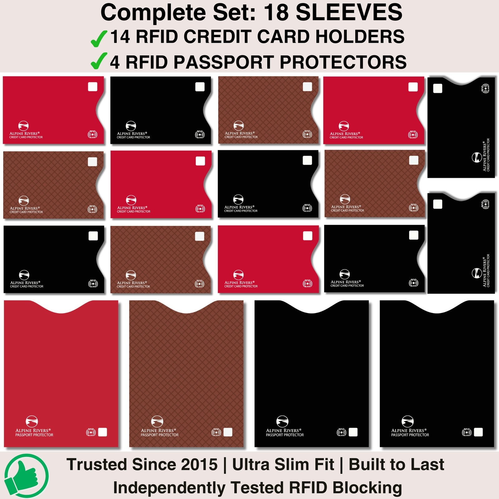 Alpine Rivers multi-colour RFID blocking sleeves in red, black and brown