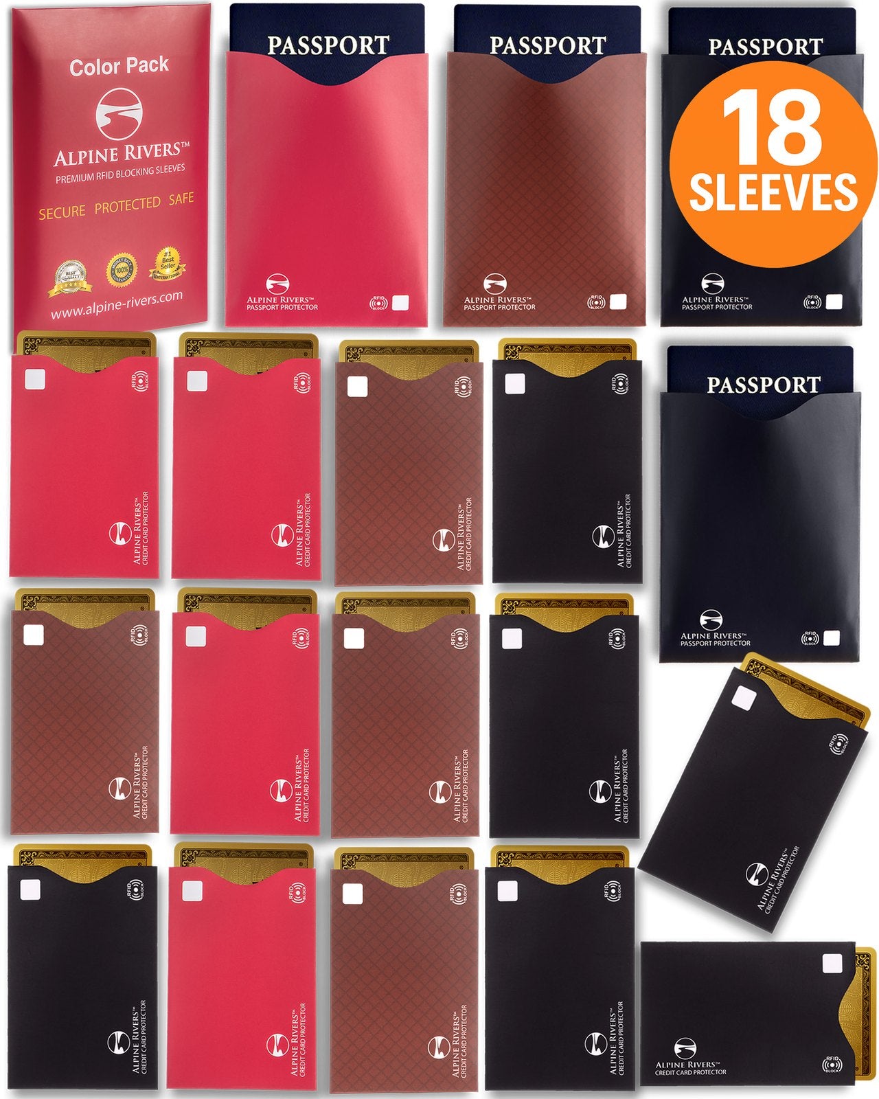 Alpine Rivers multi-colour RFID blocking sleeves in red, black and brown
