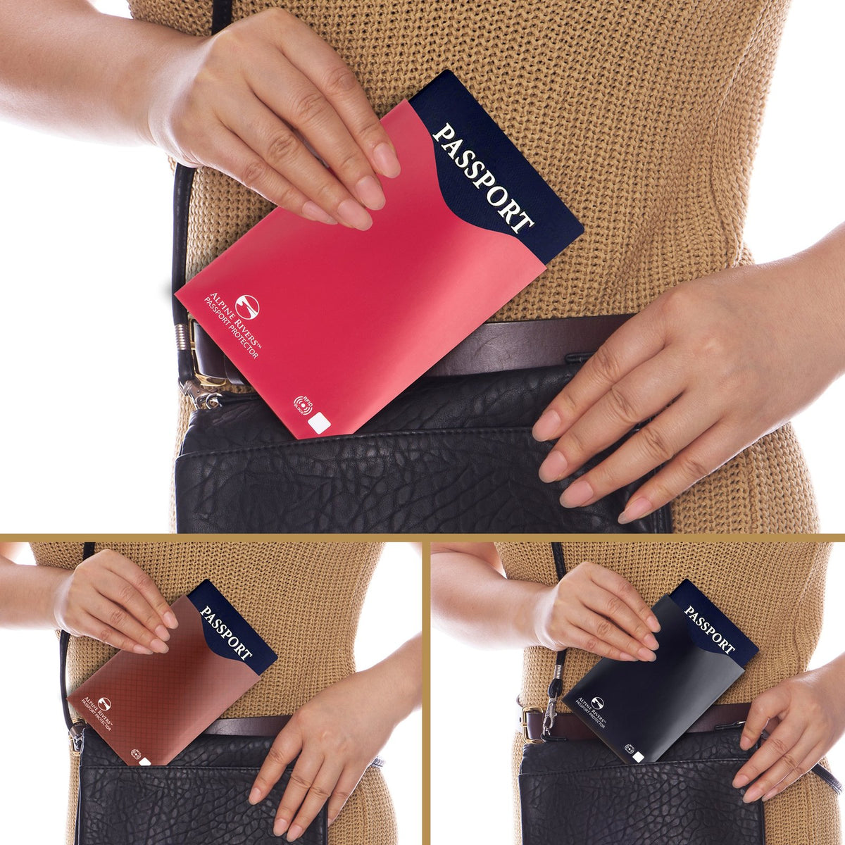 Alpine Rivers multi-colour RFID passport protector sliding into a shoulder bag, shown in red, brown and black.
