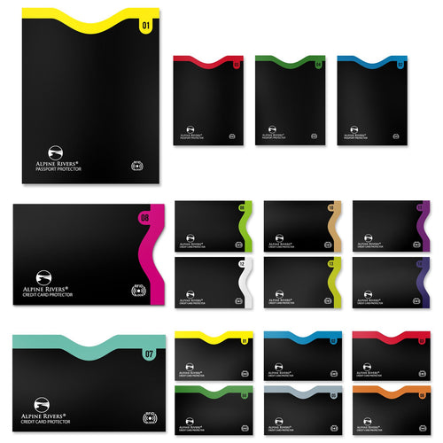 Alpine Rivers colour-coded numbered RFID blocking sleeves, 18-piece set: sleeves 01-07 open on the long edge (side-load) and 08-14 on the short edge (top-load), plus 4 passport protectors.