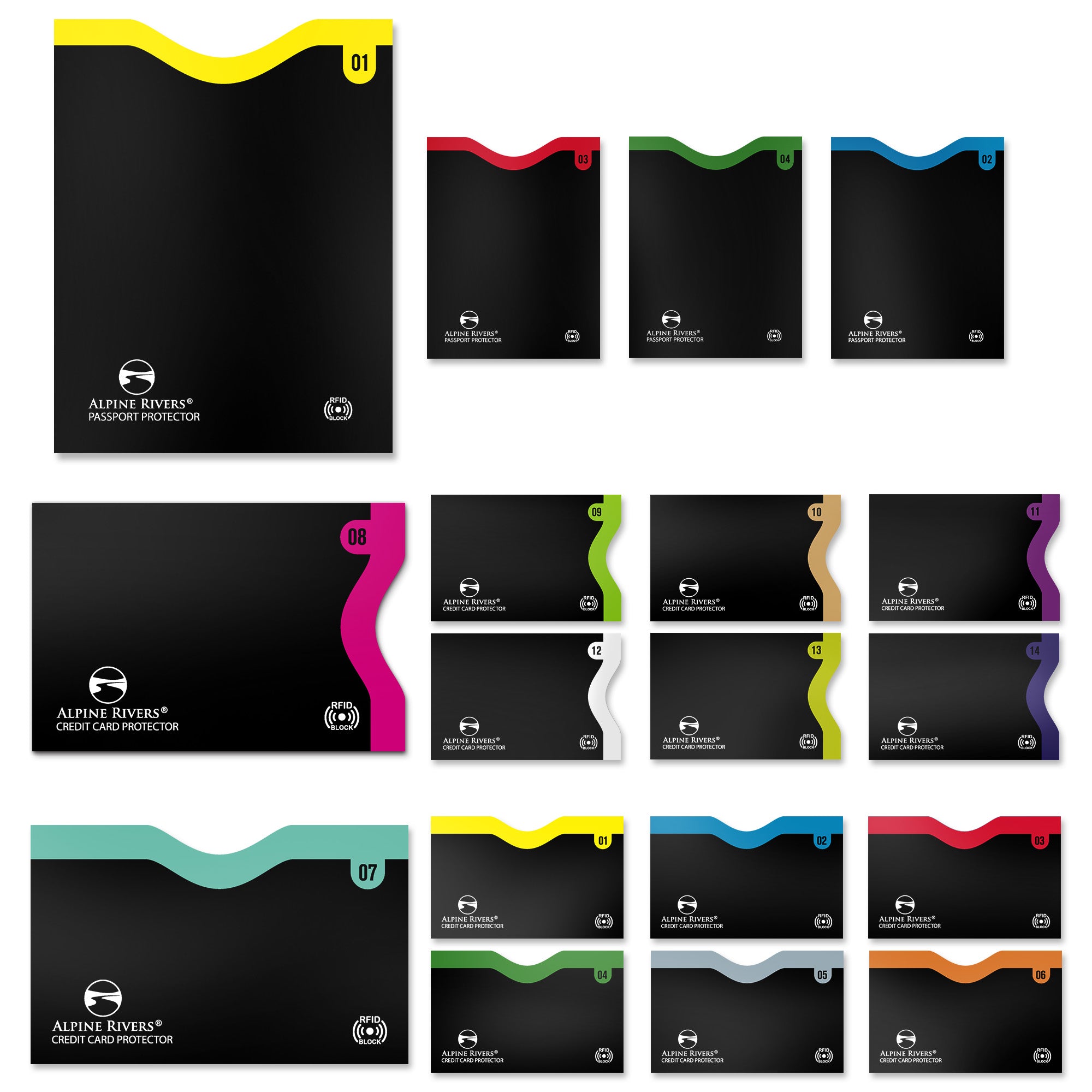 Alpine Rivers color-numbered RFID blocking card sleeves, find the right card at a glance
