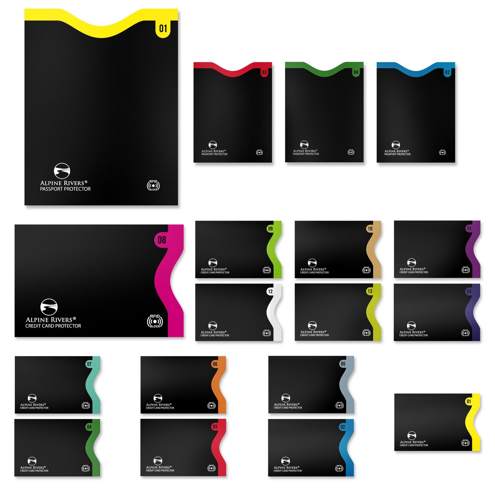 Alpine Rivers colour-coded numbered RFID blocking sleeves, Original pack, all top-load