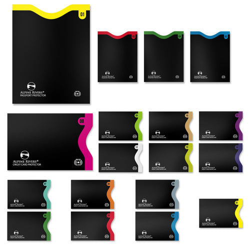 Alpine Rivers colour-coded numbered RFID blocking sleeves, 18-piece set, every sleeve top-load.
