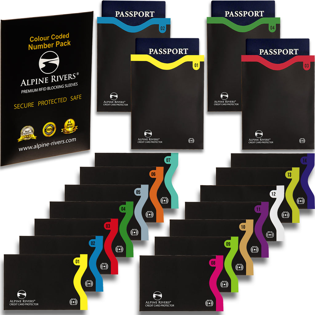 Alpine Rivers colour-coded numbered RFID blocking sleeves, Original pack, all top-load