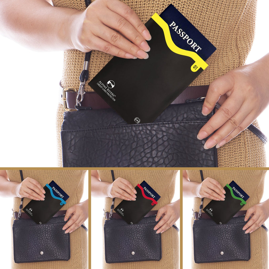 Alpine Rivers colour-coded RFID passport protectors in yellow, blue, red and green, each holding a passport and slipping into a shoulder bag.