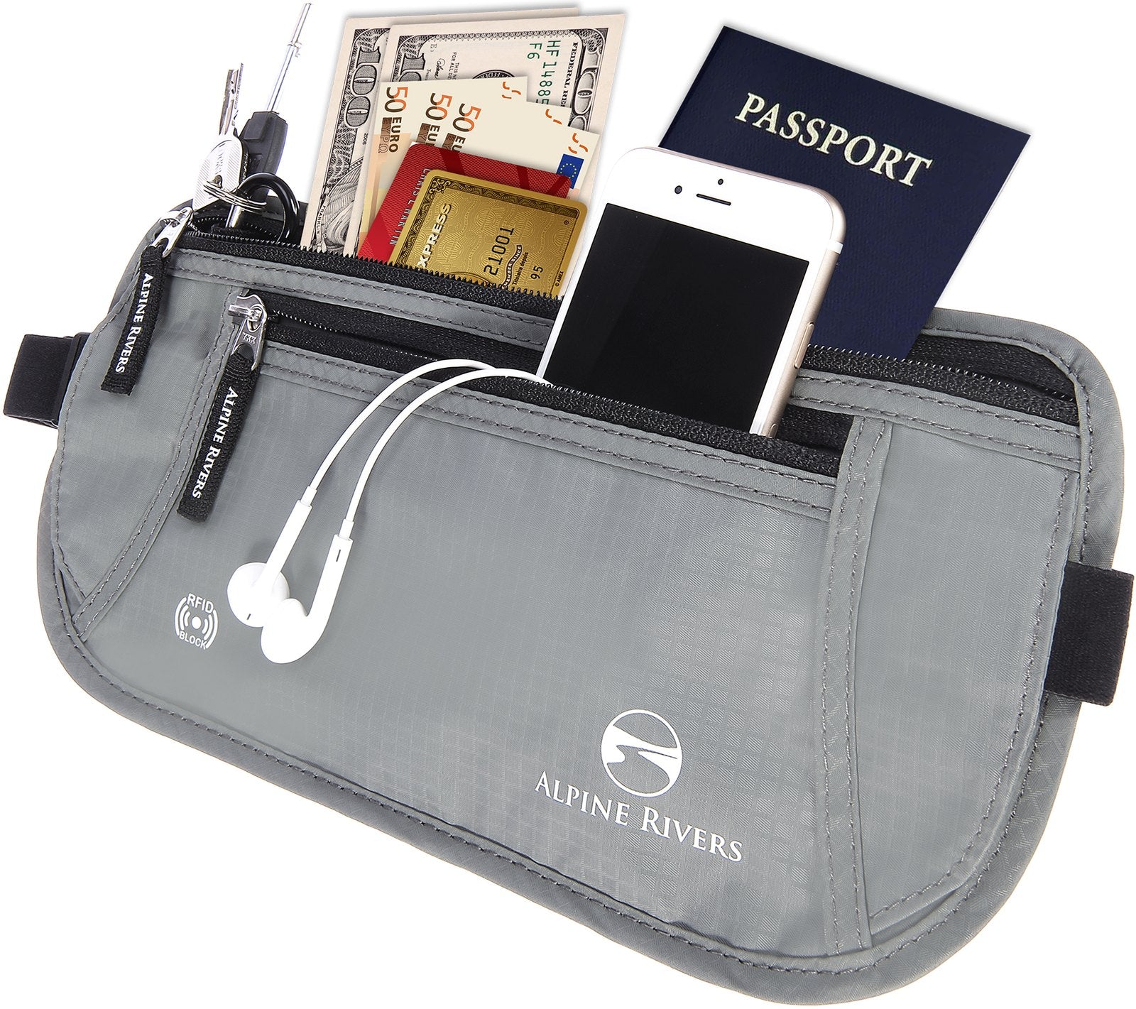 Graphite Gray RFID money belt holding a passport, phone, cash and earphones.