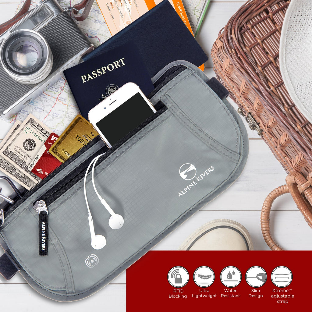 Graphite Gray money belt laid out with a passport, camera, map and phone ready for travel.