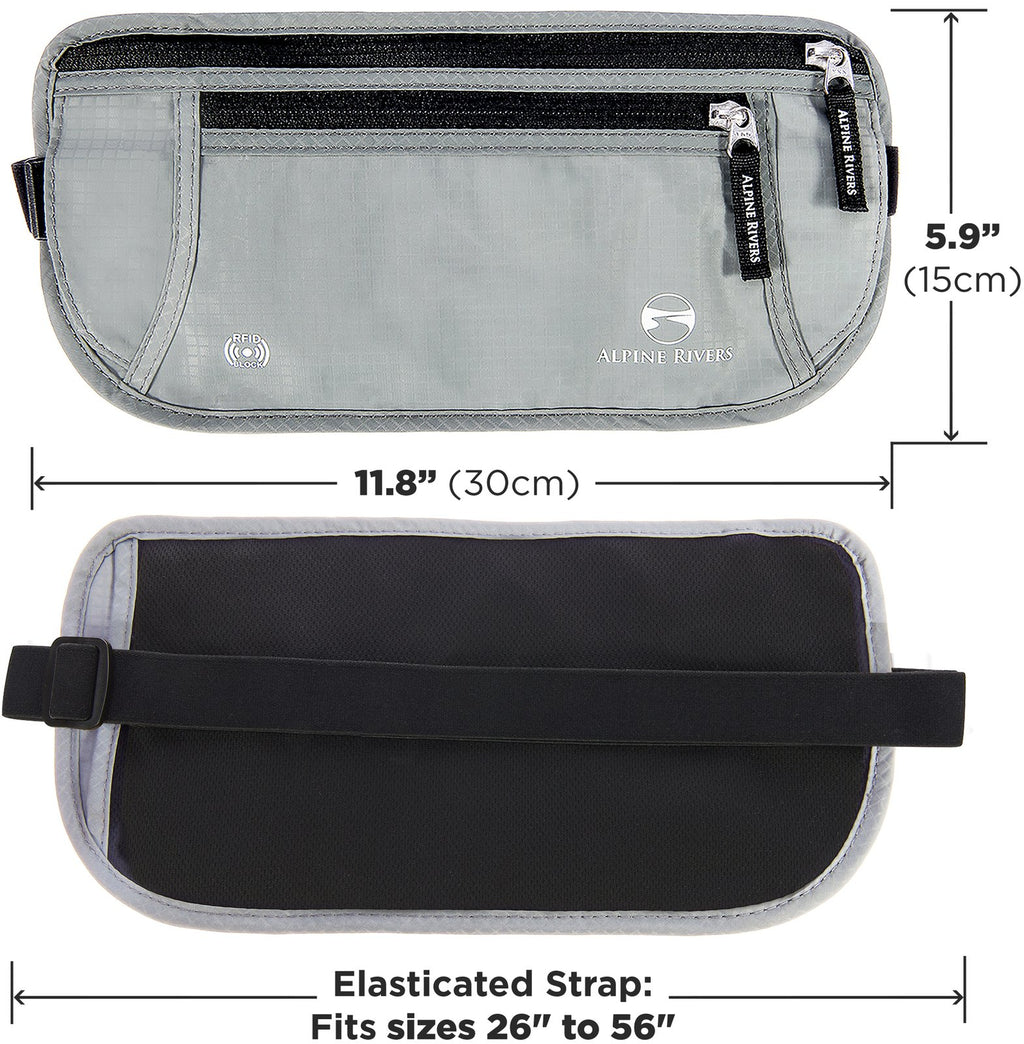 Money belt dimensions: 11.8 by 5.9 inches with an elasticated strap fitting waist sizes 26 to 56 inches.