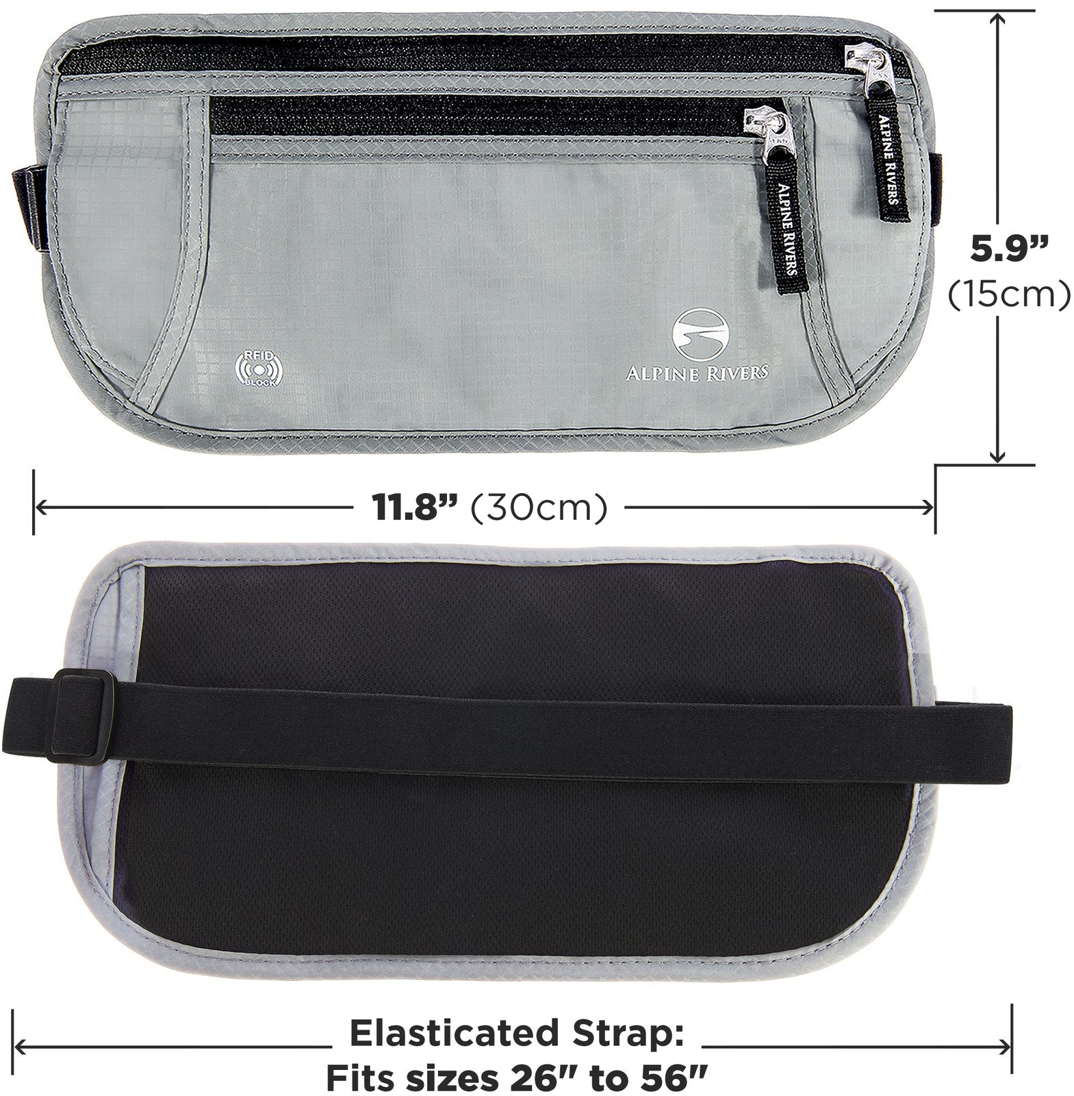 Money belt dimensions: 11.8 by 5.9 inches with an elasticated strap fitting waist sizes 26 to 56 inches.
