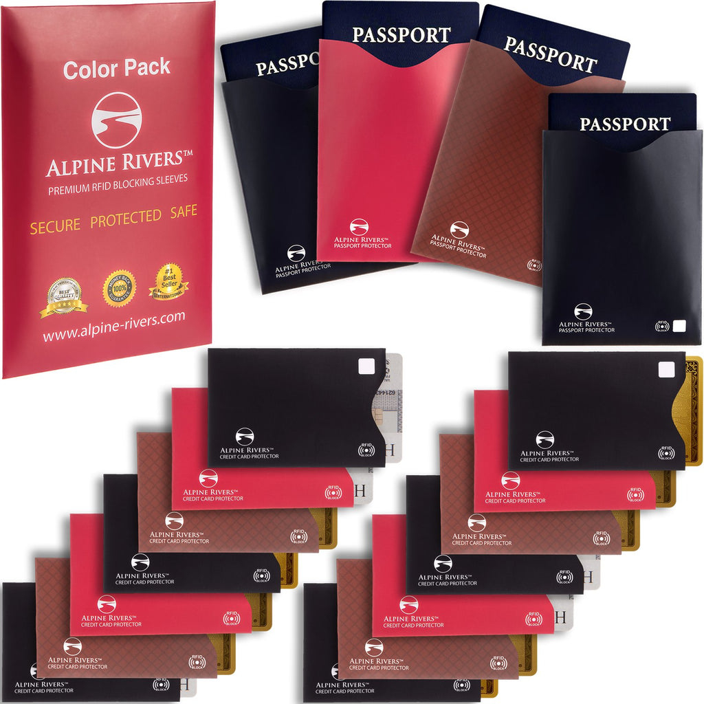 Alpine Rivers multi-colour RFID blocking sleeves Color Pack, 18 pieces in red, brown and black with 4 passport protectors.