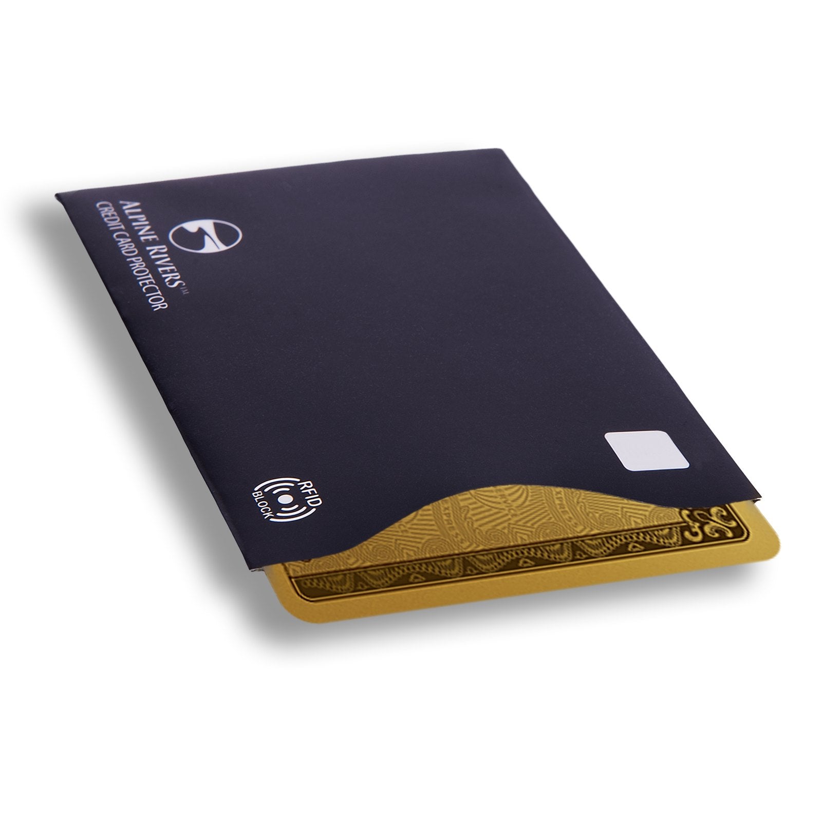 Alpine Rivers black RFID blocking credit card protector with a card part-inserted, showing the built-in shield and the white ID box for labelling your cards.