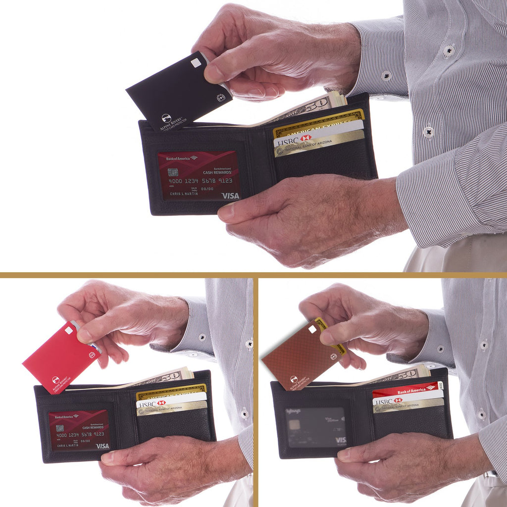 Alpine Rivers multi-colour RFID blocking sleeve slipping into a bifold wallet alongside everyday cards.