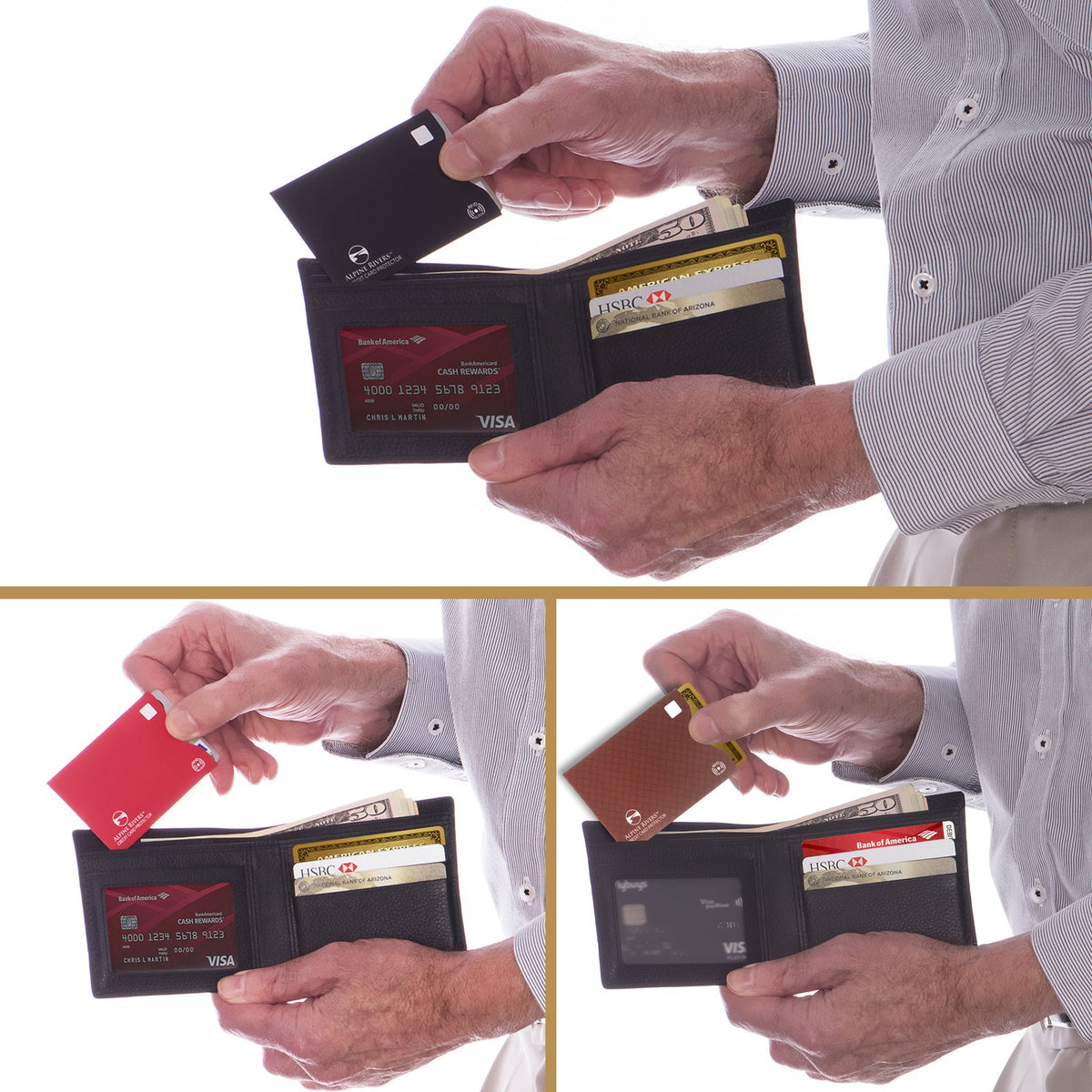 Alpine Rivers multi-colour RFID blocking sleeve slipping into a bifold wallet alongside everyday cards.