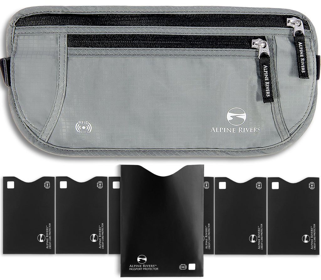 Alpine Rivers Graphite Gray RFID money belt with the included RFID blocking sleeves.