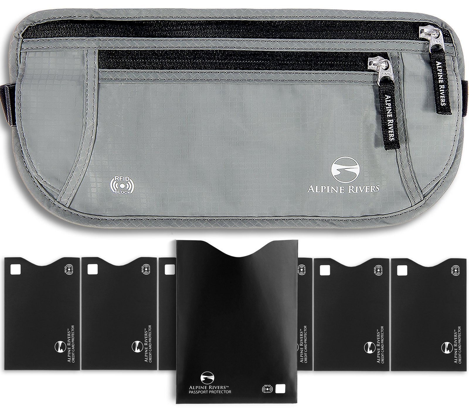 Alpine Rivers Graphite Gray RFID money belt with the included RFID blocking sleeves.