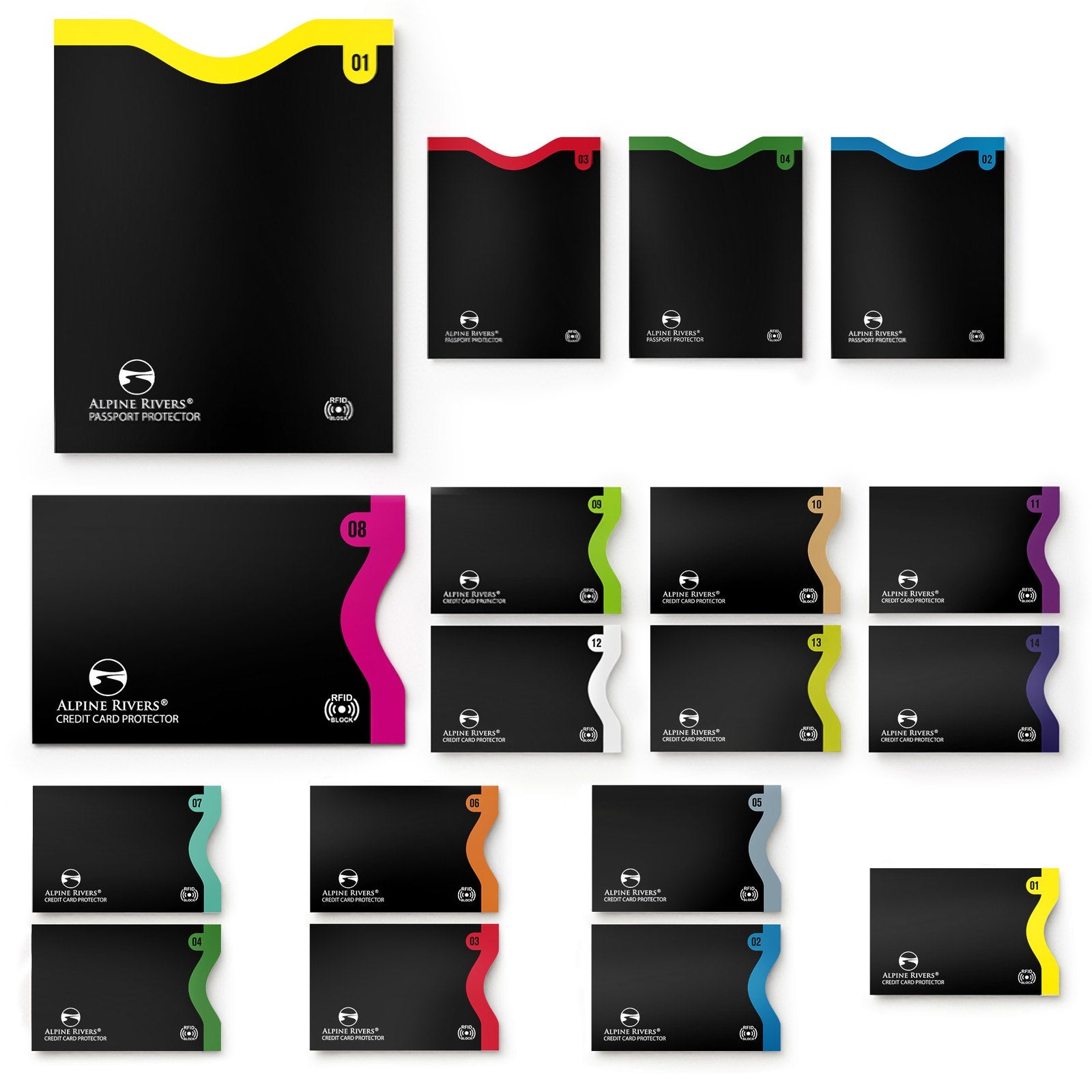 Alpine Rivers colour-coded numbered RFID sleeves, side-load and top-load