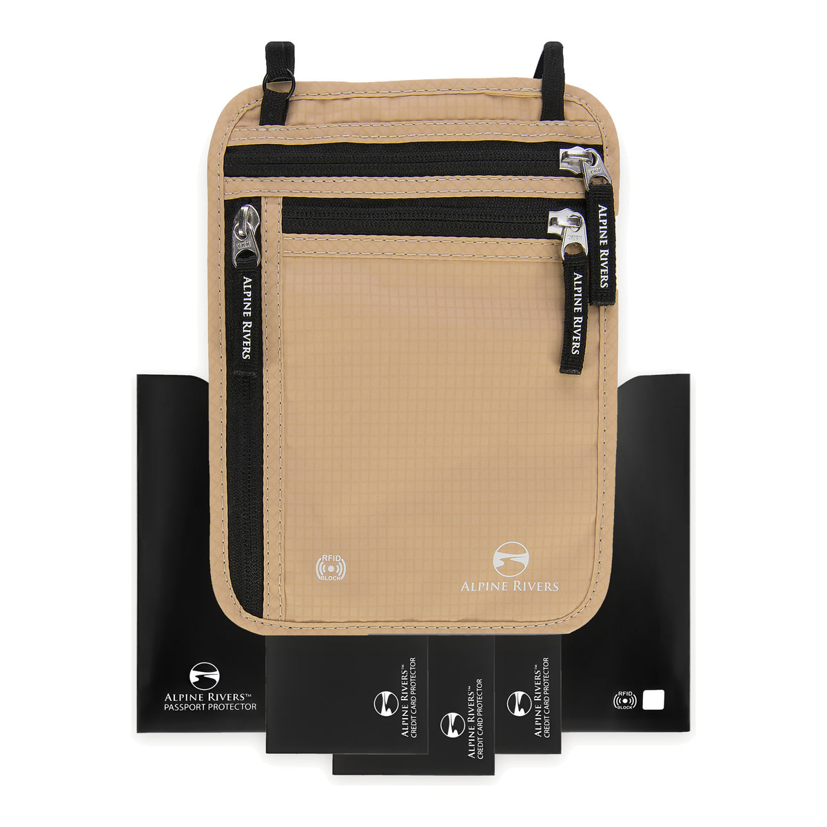 Alpine Rivers RFID neck wallet in Sahara Sand with its 2 passport and 3 card RFID sleeves, part of the Travel Set