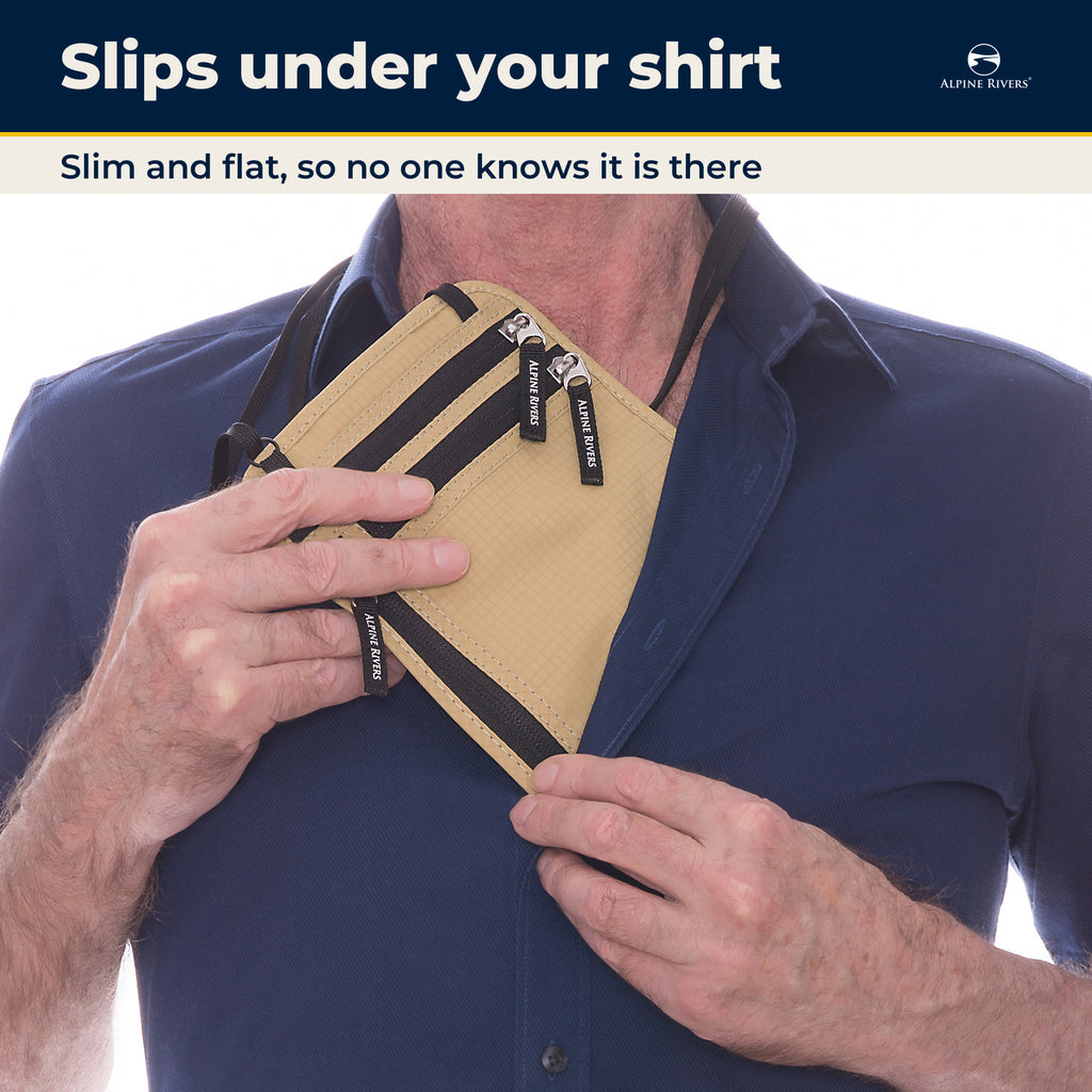 Sahara Sand neck wallet worn under a shirt, slim and flat so no one knows it is there.