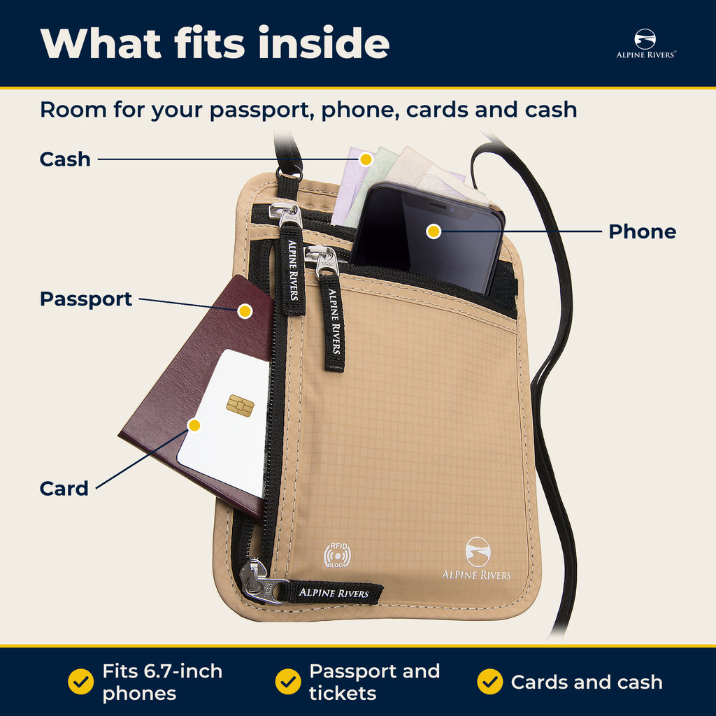 What fits inside the neck wallet: a passport, a 6.7-inch phone, cards and cash.