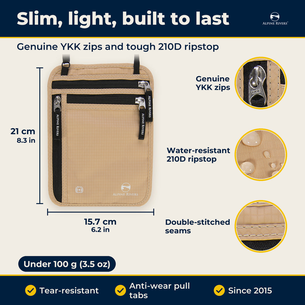 Neck wallet size 21 x 15.7 cm (8.3 x 6.2 in), under 100 g, genuine YKK zips and double-stitched seams.