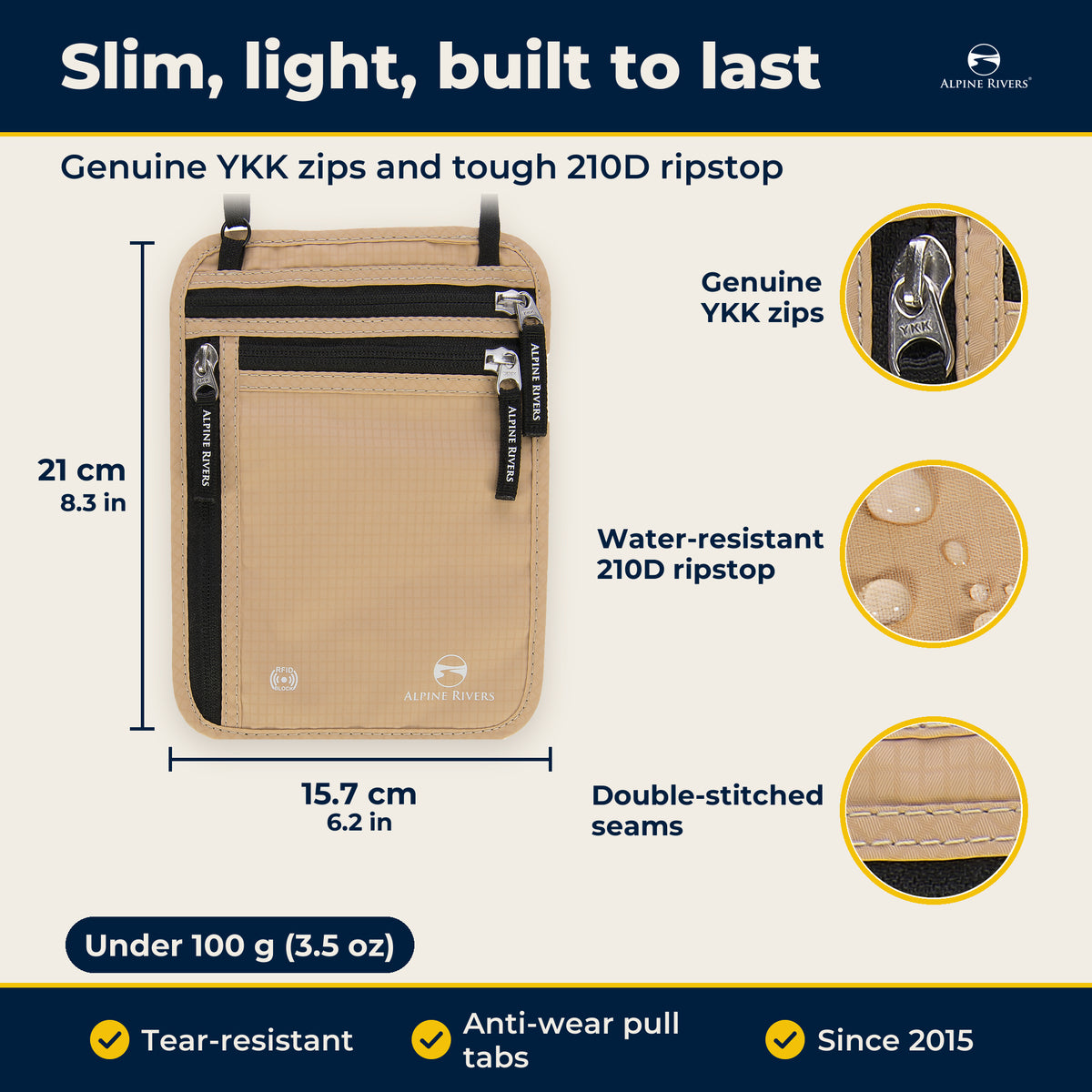 Neck wallet size 21 x 15.7 cm (8.3 x 6.2 in), under 100 g, genuine YKK zips and double-stitched seams.