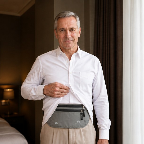 Man in a hotel room lifting his shirt to show a Graphite Gray Alpine Rivers RFID money belt (AI-generated image)