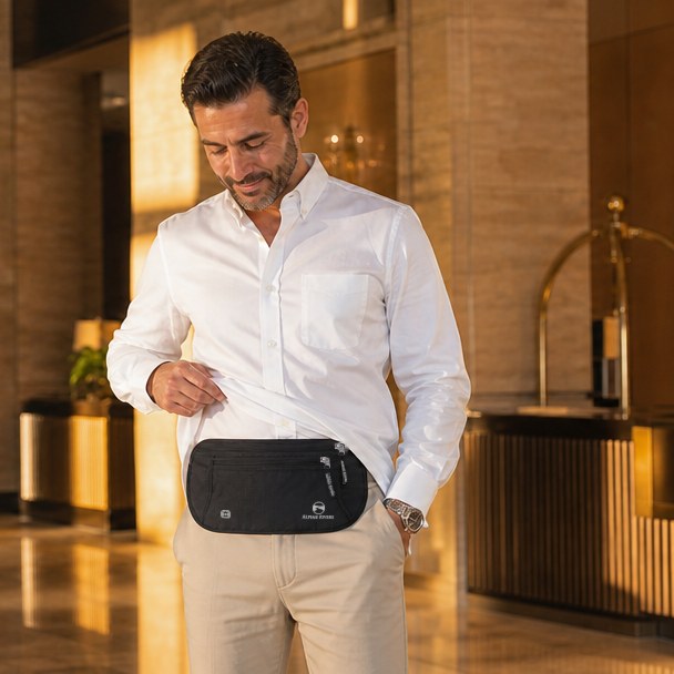 Man in a hotel lobby lifting his shirt to show a slim Onyx Black Alpine Rivers RFID money belt (AI-generated image)