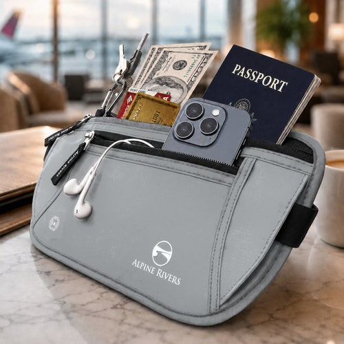 Alpine Rivers RFID blocking money belt in Graphite Gray holding a passport, cash, cards, phone, earphones and keys on a marble table in an airport lounge