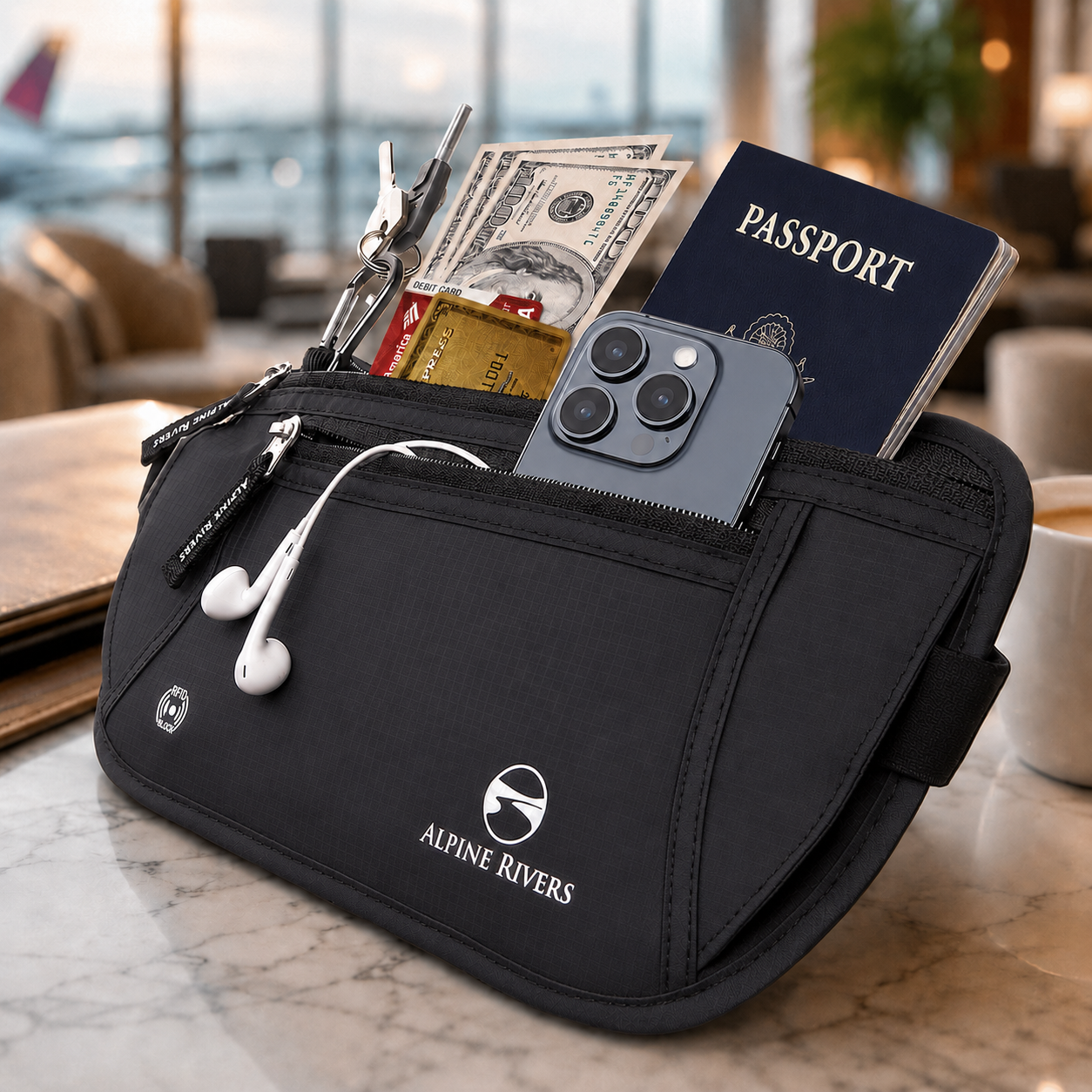Money belt worn under clothing for hidden passport and cash protection