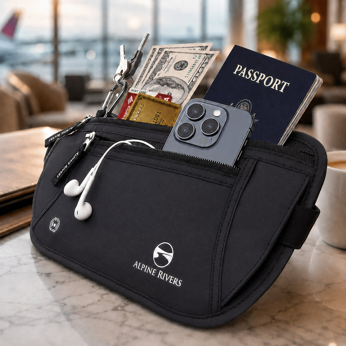 Alpine Rivers RFID blocking money belt in Onyx Black holding a passport, cash, cards, phone, earphones and keys on a marble table in an airport lounge