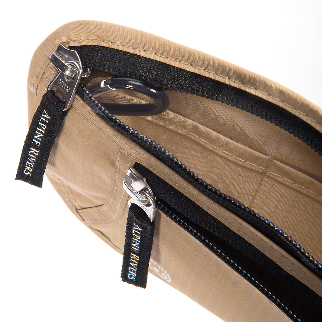 Alpine Rivers RFID money belt in Sahara Sand, open showing twin interior zip pockets