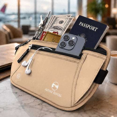 Alpine Rivers RFID blocking money belt in Sahara Sand holding a passport, cash, cards, phone, earphones and keys on a marble table in an airport lounge