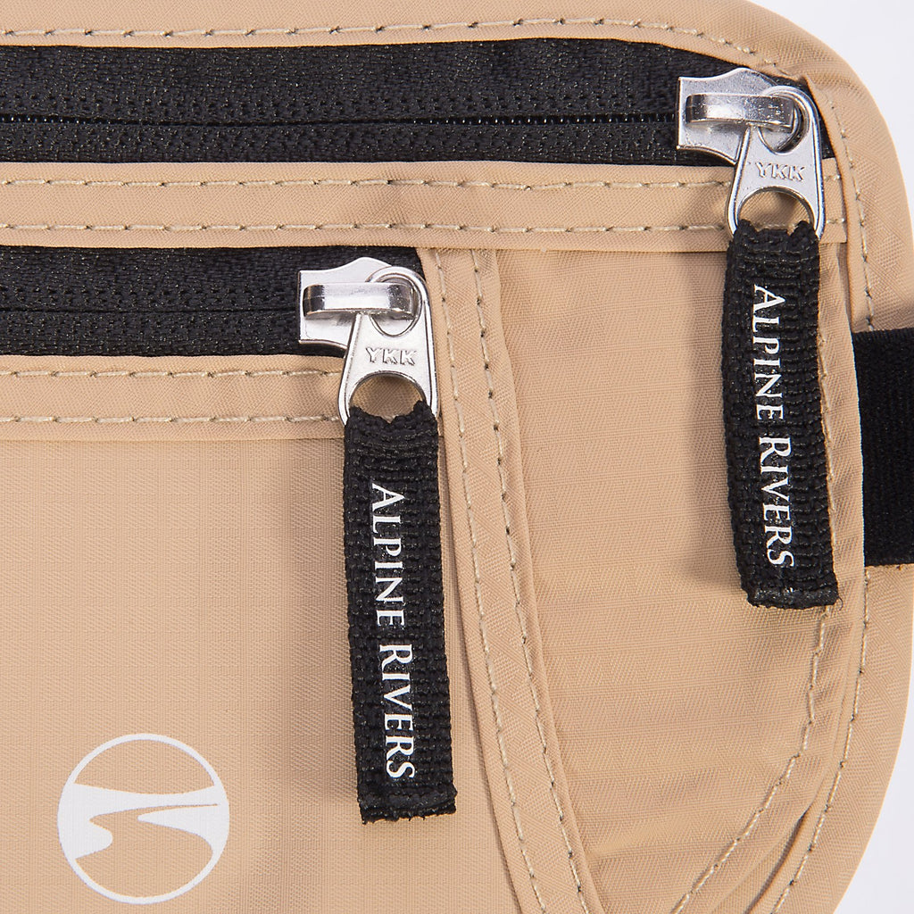 Sahara Sand money belt YKK zippers with Alpine Rivers branded pulls